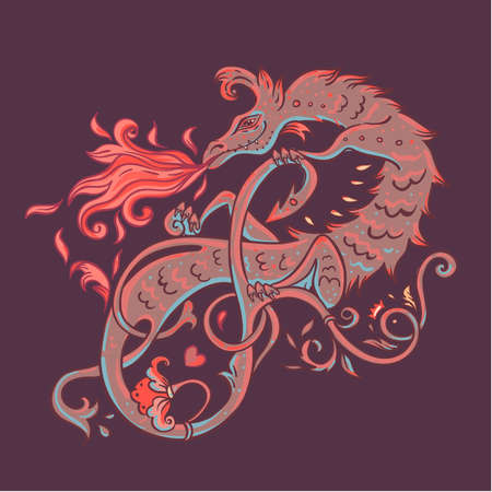 Mythological magic beast Basilisk, legendary bizarre creature. Decorative design in medieval style. Dragon, burning flame. Vector illustration.のイラスト素材