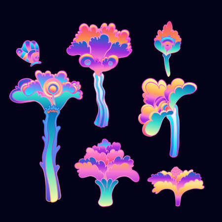 Colorful flower set, retro 60s, 70s hippie style. Vintage psychedelic vector design elements. Isolated on black. Great for stickers, patches and textile prints.のイラスト素材