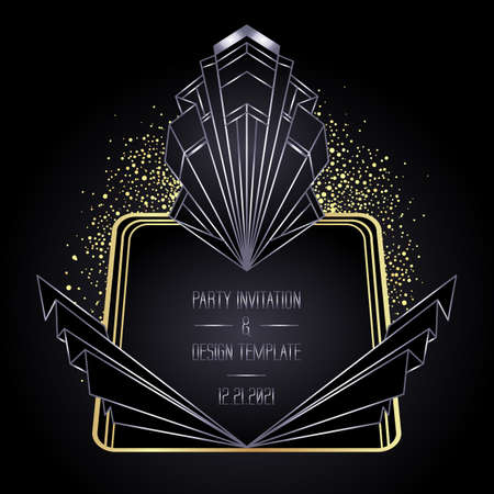 Art Deco vintage gold and silver design element over black. Retro party geometric background set (1920s style). Vector illustration for glamour party, thematic wedding or textile prints.のイラスト素材