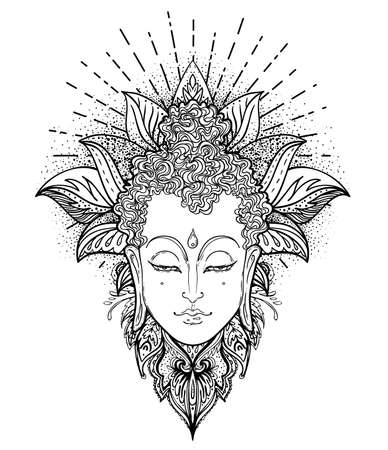 Buddha face over ornate mandala round pattern. Esoteric vintage vector illustration. Indian, Buddhism, spiritual art. Hippie tattoo, spirituality, Thai god, yoga zen Coloring book pages for adults.のイラスト素材