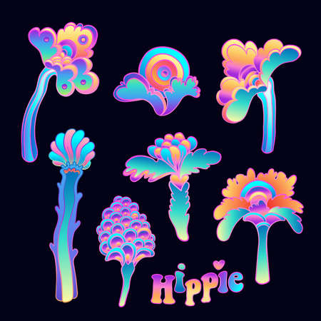 Colorful flower set, retro 60s, 70s hippie style. Vintage psychedelic vector design elements. Isolated on black. Great for stickers, patches and textile prints.のイラスト素材