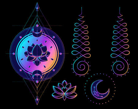 Sacred Geometry and Boo symbol set. Ayurveda sign of harmony and balance. Tattoo design, yoga logo. poster, t-shirt textile. Colorful rainbow gradient over black.のイラスト素材