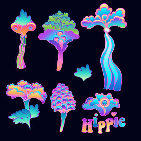 Colorful flower set, retro 60s, 70s hippie style. Vintage psychedelic vector design elements. Isolated on black. Great for stickers, patches and textile prints.のイラスト素材