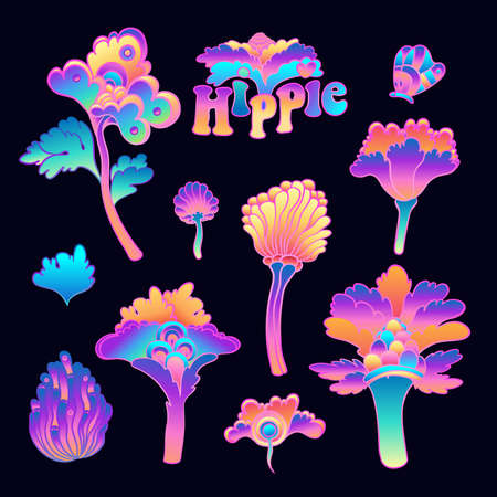 Colorful flower set, retro 60s, 70s hippie style. Vintage psychedelic vector design elements. Isolated on black. Great for stickers, patches and textile prints.のイラスト素材
