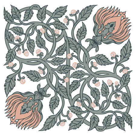 Floral vintage seamless pattern for silk square scarf. Enchanted Vintage Flowers. Arts and Crafts movement inspired. Design for wrapping paper, wallpaper, fabrics and fashion clothes.のイラスト素材