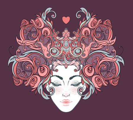 Tribal Fusion Boho Diva. Beautiful Asian divine girl with ornate crown, kokoshnik inspired. Bohemian goddess. Hand drawn elegant illustration. Lotus flower, ethnic art, patterned Indian paisley.のイラスト素材