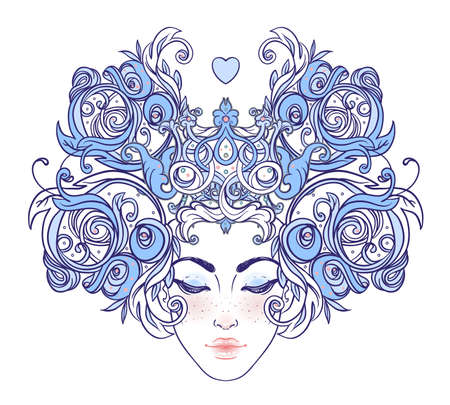 Tribal Fusion Boho Diva. Beautiful Asian divine girl with ornate crown, kokoshnik inspired. Bohemian goddess. Hand drawn elegant illustration. Lotus flower, ethnic art, patterned Indian paisley.のイラスト素材
