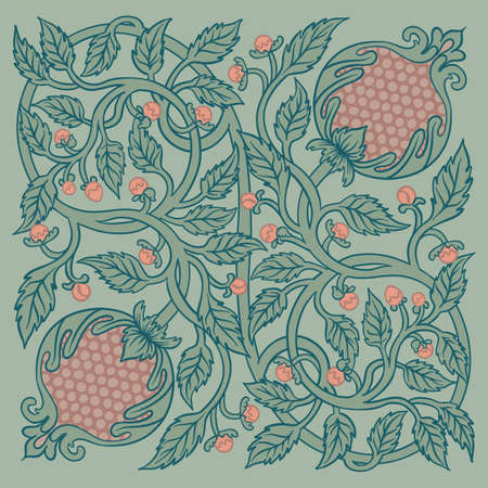 Floral vintage seamless pattern for silk square scarf. Enchanted Vintage Flowers. Arts and Crafts movement inspired. Design for wrapping paper, wallpaper, fabrics and fashion clothes.のイラスト素材
