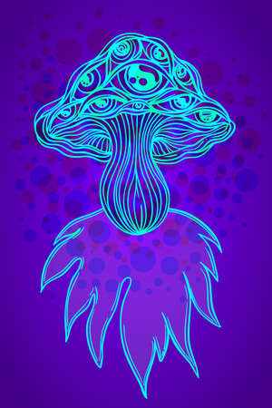 Magic mushrooms. Psychedelic hallucination. Vibrant vector illustration. 60s hippie colorful art. Decoration in ethnic boho style tattoo. Alchemy or astrology, esoteric or festive design.のイラスト素材