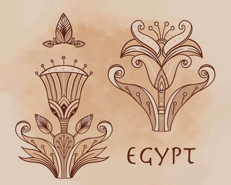 Egyptian floral design element set over beige grunge background. Lotus flower, vector sign, symbol, logo illustration. Spirituality, occultism, chemistry, flower tattoo.のイラスト素材