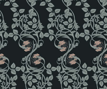 Floral vintage seamless pattern for silk square scarf. Enchanted Vintage Flowers. Arts and Crafts movement inspired. Design for wrapping paper, wallpaper, fabrics and fashion clothes.のイラスト素材
