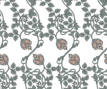 Floral vintage seamless pattern for silk square scarf. Enchanted Vintage Flowers. Arts and Crafts movement inspired. Design for wrapping paper, wallpaper, fabrics and fashion clothes.のイラスト素材