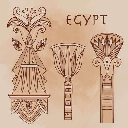 Egyptian floral design element set over beige grunge background. Lotus flower, vector sign, symbol, logo illustration. Spirituality, occultism, chemistry, flower tattoo.のイラスト素材