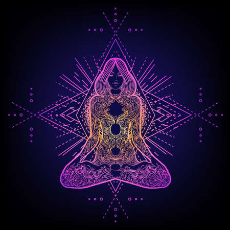Sacred Geometry and Boo symbol set. Ayurveda sign of harmony and balance. Tattoo design, yoga logo. poster, t-shirt textile. Colorful rainbow gradient over black.のイラスト素材