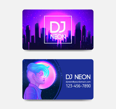 Futuristic synth wave style. Retroparty flyer template. Portrait of a young pretty androgynous woman with short shaved pixie undercut in retro futurism style. Vector illustration in neon bright colorのイラスト素材