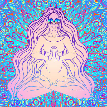 Beautiful Girl sitting in lotus position over ornate colorful neon background. Vector illustration. Psychedelic mushroom composition. Buddhism esoteric motifs. Tattoo, spiritual yoga.のイラスト素材