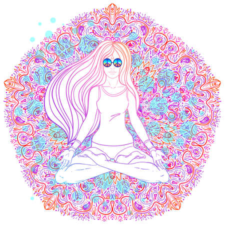 Beautiful Girl sitting in lotus position over ornate colorful neon background. Vector illustration. Psychedelic mushroom composition. Buddhism esoteric motifs. Tattoo, spiritual yoga.のイラスト素材