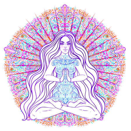 Beautiful Girl sitting in lotus position over ornate colorful neon background. Vector illustration. Psychedelic mushroom composition. Buddhism esoteric motifs. Tattoo, spiritual yoga.のイラスト素材