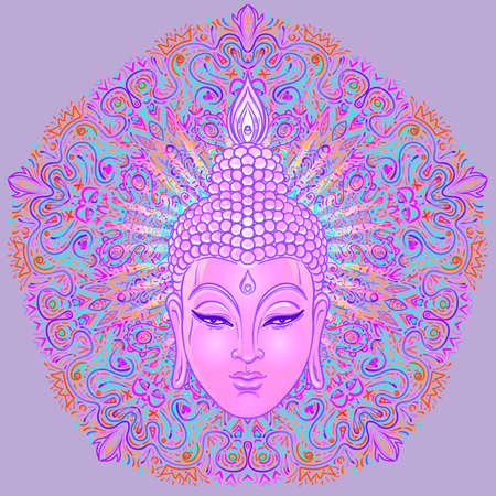 Sitting Buddha over colorful neon background. Vector illustration. Psychedelic mushroom composition. Indian, Buddhism, Spiritual Tattoo, yoga, spirituality. Sticker, patch, 60s hippie colorful art.のイラスト素材