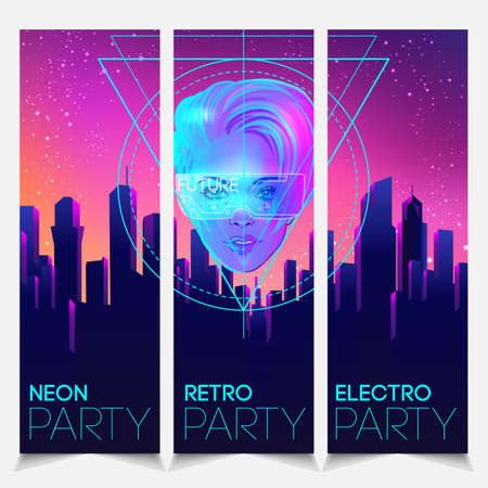 Futuristic synth wave style. Retroparty flyer template. Portrait of a young pretty androgynous woman with short shaved pixie undercut in retro futurism style. Vector illustration in neon bright colorの写真素材