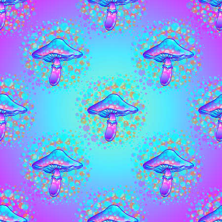 Magic mushrooms. Seamless pattern. Psychedelic hallucination. Vibrant vector illustration. 60s hippie colorful art. Hand drawn element in ethnic style. Spiritual background, wallpaper texture.の写真素材