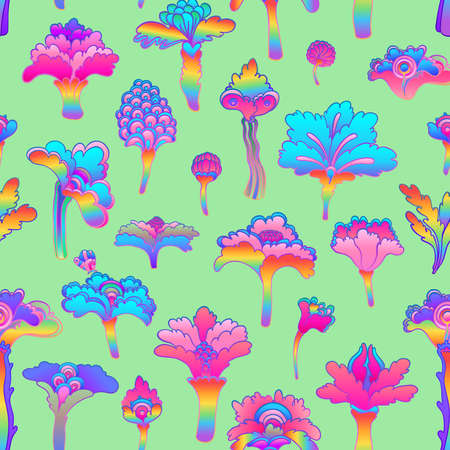 Floral colorful seamless pattern, retro 60s, 70s hippie style background. Vintage psychedelic textile, fabric, wrapping, wallpaper. Vector repeating illustration.のイラスト素材