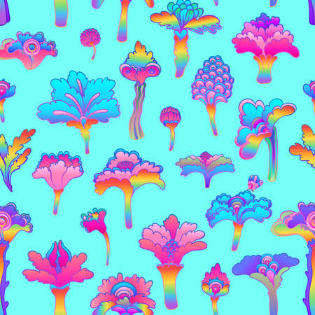 Floral colorful seamless pattern, retro 60s, 70s hippie style background. Vintage psychedelic textile, fabric, wrapping, wallpaper. Vector repeating illustration.のイラスト素材