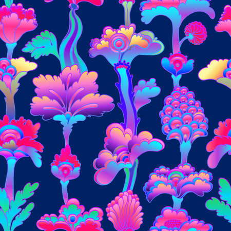 Floral colorful seamless pattern, retro 60s, 70s hippie style background. Vintage psychedelic textile, fabric, wrapping, wallpaper. Vector repeating illustration.のイラスト素材