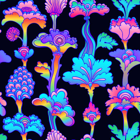 Floral colorful seamless pattern, retro 60s, 70s hippie style background. Vintage psychedelic textile, fabric, wrapping, wallpaper. Vector repeating illustration.のイラスト素材