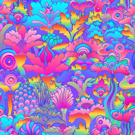 Floral colorful seamless pattern, retro 60s, 70s hippie style background. Vintage psychedelic textile, fabric, wrapping, wallpaper. Vector repeating illustration.のイラスト素材