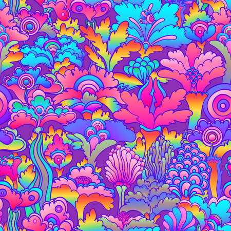 Floral colorful seamless pattern, retro 60s, 70s hippie style background. Vintage psychedelic textile, fabric, wrapping, wallpaper. Vector repeating illustration.のイラスト素材