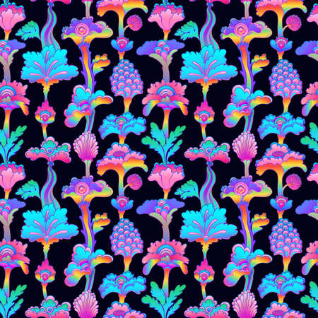 Floral colorful seamless pattern, retro 60s, 70s hippie style background. Vintage psychedelic textile, fabric, wrapping, wallpaper. Vector repeating illustration.のイラスト素材