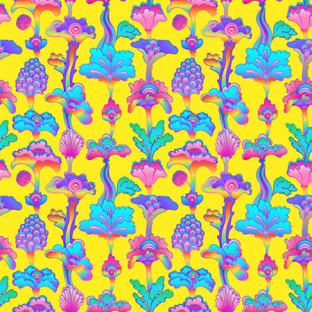 Floral colorful seamless pattern, retro 60s, 70s hippie style background. Vintage psychedelic textile, fabric, wrapping, wallpaper. Vector repeating illustration.のイラスト素材