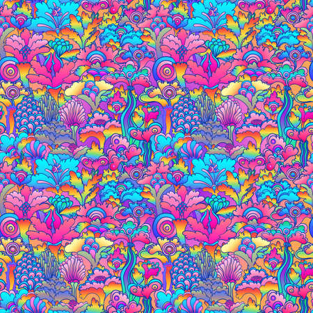 Floral colorful seamless pattern, retro 60s, 70s hippie style background. Vintage psychedelic textile, fabric, wrapping, wallpaper. Vector repeating illustration.のイラスト素材