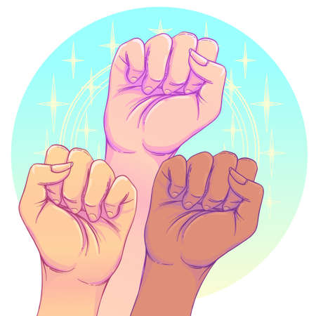 Fight like a girl. 3 Womans hands with her fist raised up. Girl Power. Feminism concept. Realistic style vector illustration in pink pastel goth colors. Sticker, patch graphic design.のイラスト素材