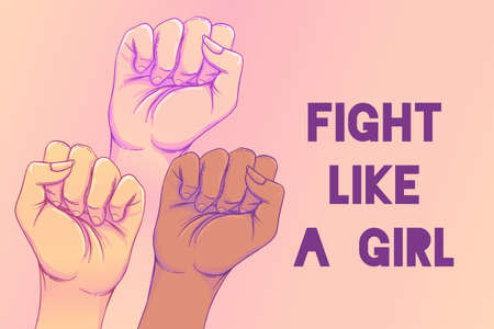 Fight like a girl. 3 Womans hands with her fist raised up. Girl Power. Feminism concept. Realistic style vector illustration in pink pastel goth colors. Sticker, patch graphic design.のイラスト素材