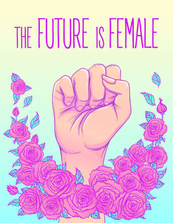 The future is female. Womans hand with her fist raised up. Girl Power. Feminism concept. Realistic vector illustration in pink pastel goth colors. Sticker, patch graphic design.のイラスト素材
