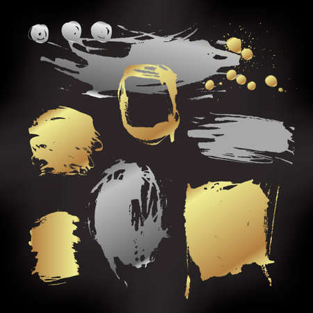 Hand Drawn monochrome texture elements set in gold over black. Vector illustration isolated on white. Abstract artistic ink hand painted spots. Text template. Grunge texture. Artist collectionのイラスト素材