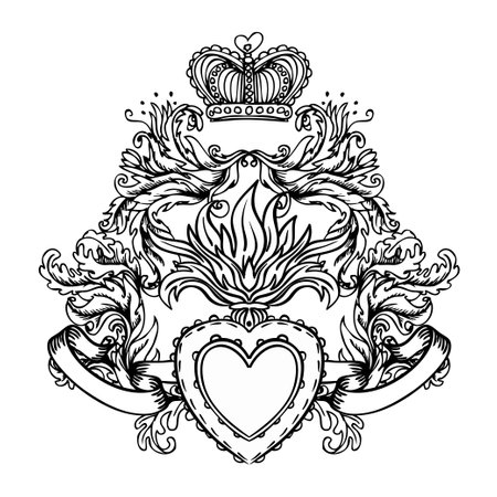 Sacred Heart of Jesus with rays. Vector illustration black isolated on white. Trendy Vintage style element. Spirituality, occultism, alchemy, magic, love. Coloring book for adults.のイラスト素材