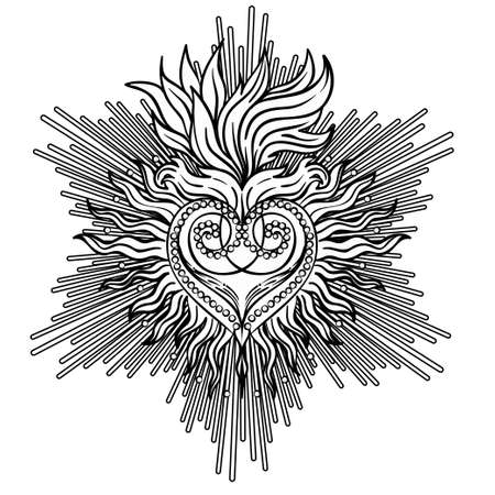 Sacred Heart of Jesus with rays. Vector illustration black isolated on white. Trendy Vintage style element. Spirituality, occultism, alchemy, magic, love. Coloring book for adults.のイラスト素材
