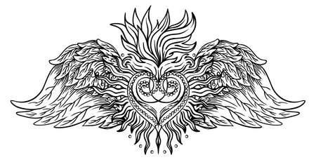 Sacred Heart of Jesus with rays. Vector illustration black isolated on white. Trendy Vintage style element. Spirituality, occultism, alchemy, magic, love. Coloring book for adults.のイラスト素材