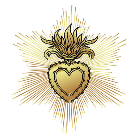 Sacred Heart of Jesus with rays. Vector illustration black isolated on white. Trendy Vintage style element. Spirituality, occultism, alchemy, magic, love. Coloring book for adults.のイラスト素材