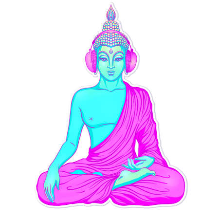 Modern Buddha listening to the music in headphones in neon colors isolated on white. Vector illustration. Vintage psychedelic composition. Indian, Buddhism, trance music. Sticker, patch design.のイラスト素材