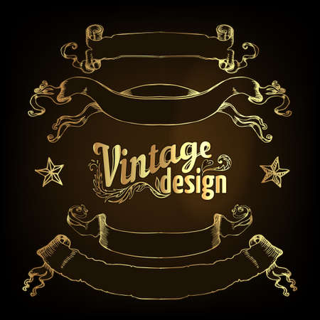 Vintage design elements set. Ribbons. Vector illustration. Gold on black.のイラスト素材