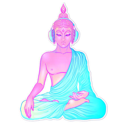 Modern Buddha listening to the music in headphones in neon colors isolated on white. Vector illustration. Vintage psychedelic composition. Indian, Buddhism, trance music. Sticker, patch design.のイラスト素材
