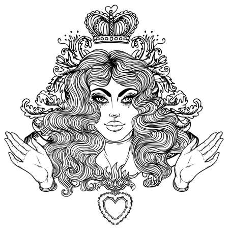 Madonna, Lady of Sorrow. Devotion to the Immaculate Heart of Blessed Virgin Mary, Queen of Heaven. Vector illustration isolated. Coloring book for adults. Tattoo design.のイラスト素材