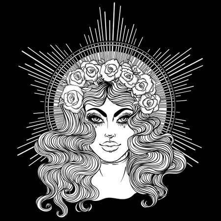 Madonna, Lady of Sorrow. Devotion to the Immaculate Heart of Blessed Virgin Mary, Queen of Heaven. Vector illustration isolated. Coloring book for adults. Tattoo design.のイラスト素材