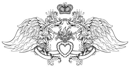 Sacred Heart of Jesus with rays. Vector illustration black isolated on white. Trendy Vintage style element. Spirituality, occultism, alchemy, magic, love. Coloring book for adults.のイラスト素材