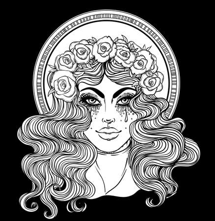 Madonna, Lady of Sorrow. Devotion to the Immaculate Heart of Blessed Virgin Mary, Queen of Heaven. Vector illustration isolated. Coloring book for adults. Tattoo design.のイラスト素材