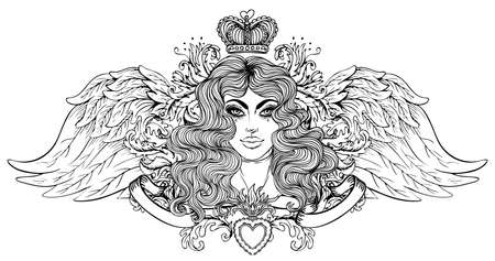 Madonna, Lady of Sorrow. Devotion to the Immaculate Heart of Blessed Virgin Mary, Queen of Heaven. Vector illustration isolated. Coloring book for adults. Tattoo design.のイラスト素材
